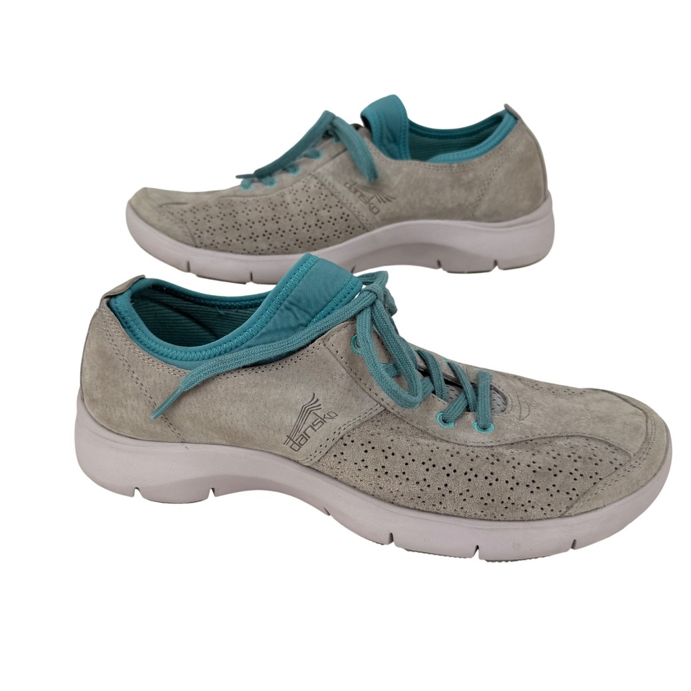 Dansko Elise Suede Sneakers Womens 40 Grey Teal Perforated Lace Up Walking Shoes